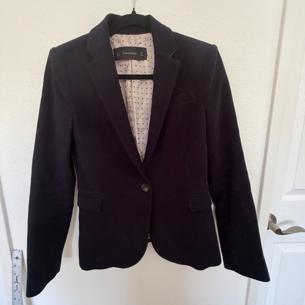 Zara Basic Navy Blazer Elbow Patches Polka Dot Lining Career Academia Size S